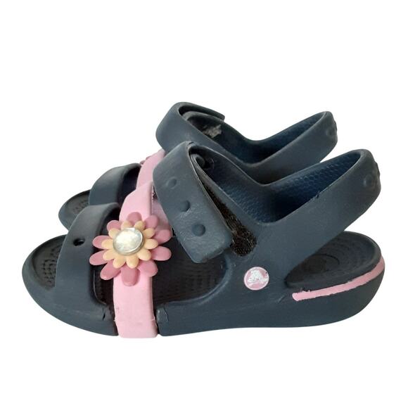 Crocs Keeley Charm Sandals Girls 7 Navy Blue Pink Hook & Loop Strap Water Shoes - Picture 3 of 8
